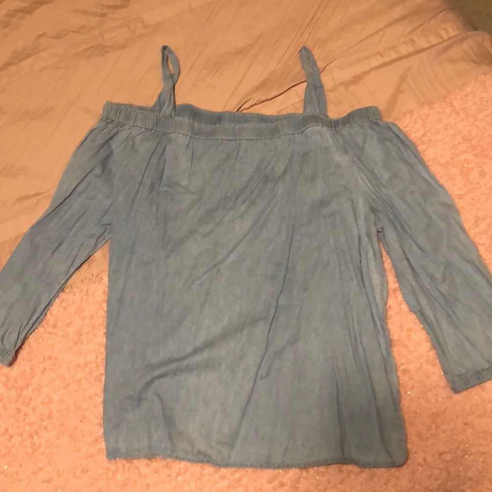 Light blue off the shoulder shirt